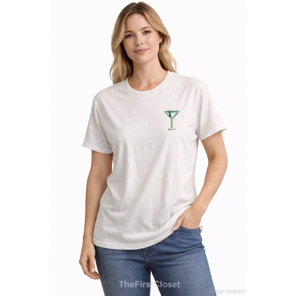 ON‎ 34TH White Martini Glass Embroidered T Shirt Size L